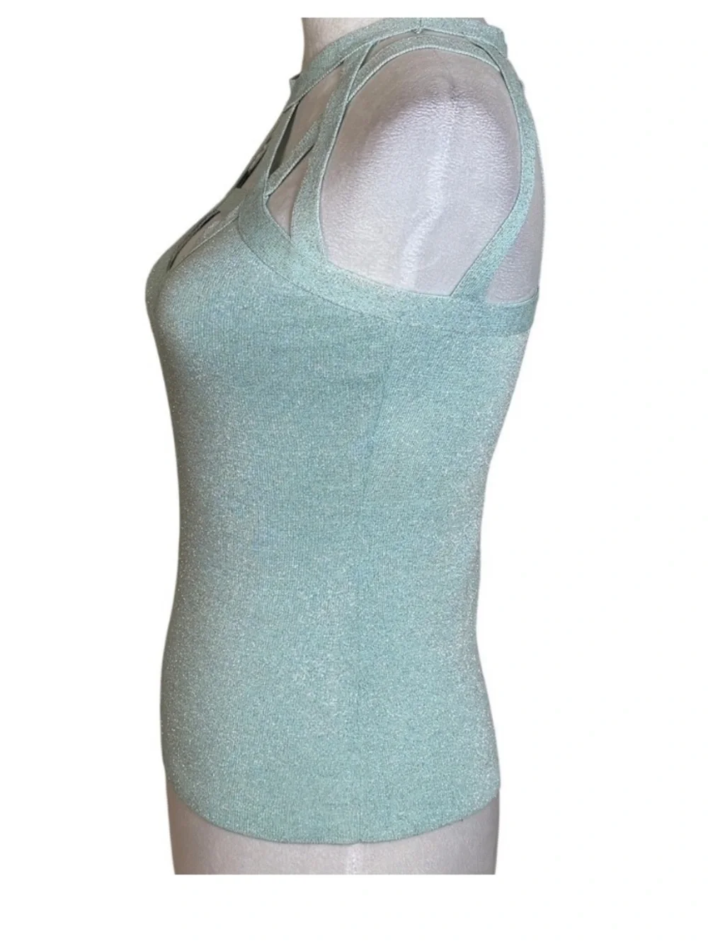 Mint Green Metallic Bandage Top XS Tank Stretch Shimmer Y2K - Picture 9 of 10